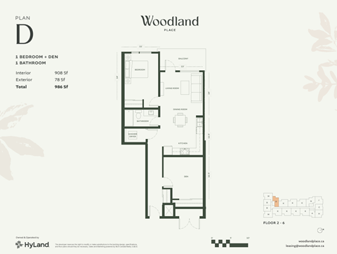 Floor plan for 1 bed, 1 bath, 908 sqft